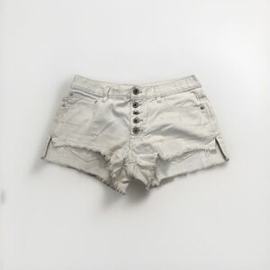 FREE PEOPLE  Women Raw Hem Distressed Button Fly Jean Shorts Denim White ~ W 27